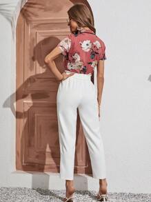SHEIN Frenchy Floral Print Tie Neck Top & Paperbag Waist Belted Pants Summer Vacation Flower White