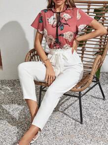 SHEIN Frenchy Floral Print Tie Neck Top & Paperbag Waist Belted Pants Summer Vacation Flower White