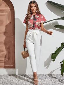 SHEIN Frenchy Floral Print Tie Neck Top & Paperbag Waist Belted Pants Summer Vacation Flower White