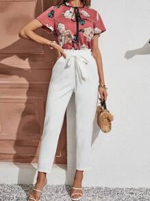 SHEIN Frenchy Floral Print Tie Neck Top & Paperbag Waist Belted Pants Summer Vacation Flower White