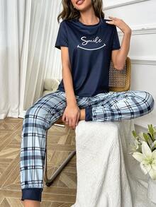 字母圖案T恤和格紋印花長褲睡衣套裝 - 藍色 - 查看 3