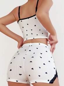 Heart Print Contrast Lace Bow Front PJ Set / Pajama Set White Set - White - View 2