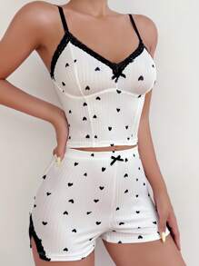 Heart Print Contrast Lace Bow Front PJ Set / Pajama Set White Set - White - View 3