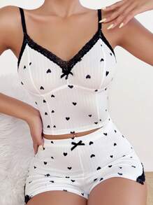 Heart Print Contrast Lace Bow Front PJ Set / Pajama Set White Set - White - View 4