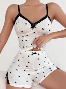 Heart Print Contrast Lace Bow Front PJ Set / Pajama Set White Set - White - View 5