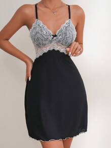 Váy ngủ & áo ngủ Nữ Tương phản ren Hội Chữ thập Xù nhỏ Nơ trước Khối Màu - màu đen - Xem 1