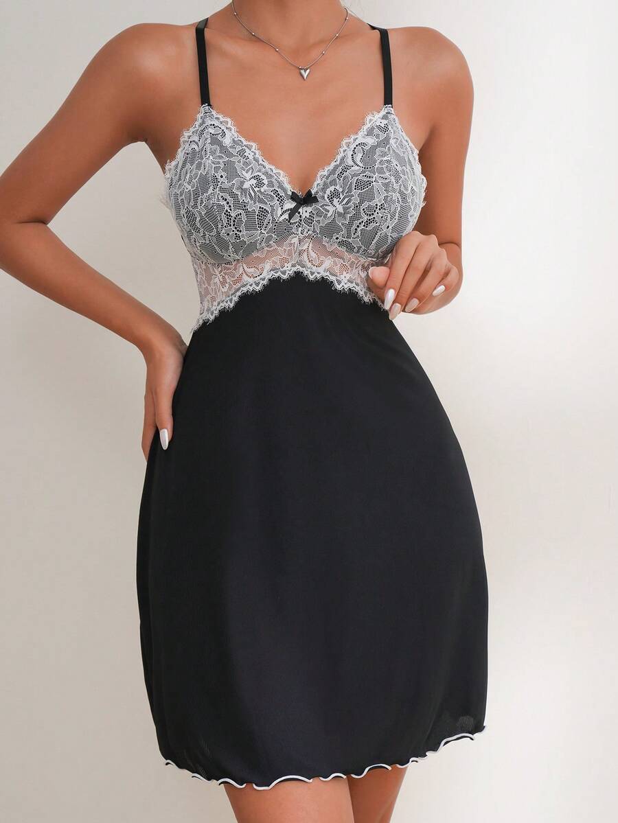 Váy ngủ & áo ngủ Nữ Tương phản ren Hội Chữ thập Xù nhỏ Nơ trước Khối Màu - màu đen - Xem 1