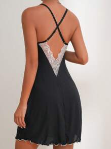 Váy ngủ & áo ngủ Nữ Tương phản ren Hội Chữ thập Xù nhỏ Nơ trước Khối Màu - màu đen - Xem 2