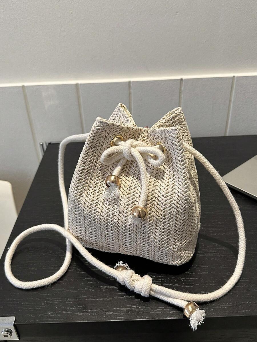 Solid Color Mini Foldable Drawstring Shoulder Bag (Leopard Or Zebra Print Pattern, Color Varies Randomly) , Beach, Summer Outfits