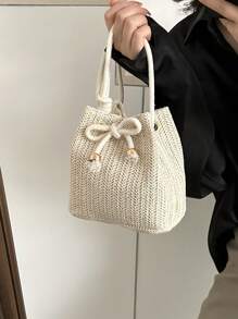 Solid Color Mini Foldable Drawstring Shoulder Bag (Leopard Or Zebra Print Pattern, Color Varies Randomly) , Beach, Summer Outfits - Beige - View 7