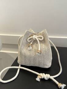 Solid Color Mini Foldable Drawstring Shoulder Bag (Leopard Or Zebra Print Pattern, Color Varies Randomly) , Beach, Summer Outfits - Beige - View 8