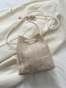 Solid Color Mini Foldable Drawstring Shoulder Bag (Leopard Or Zebra Print Pattern, Color Varies Randomly) , Beach, Summer Outfits - Beige - View 9
