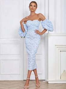 一字肩泡泡袖後背開衩花卉圖案提花洋裝 - 淺藍色 - 查看 3