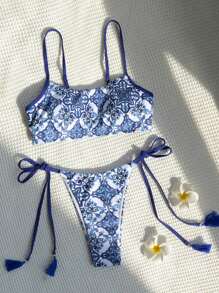 Bộ Bikini Nữ mép Thắt nút Bộ lạc - Xanh và trắng - Xem 1