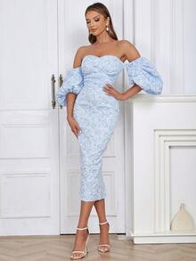 一字肩泡泡袖後背開衩花卉圖案提花洋裝 - 淺藍色 - 查看 6