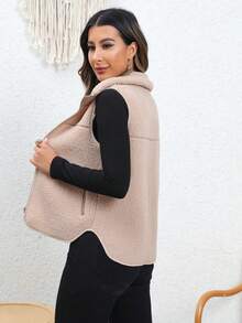 RELISH NOLESS 女士纯色前拉链无袖仿皮草大衣 - 駝色 - 查看 3