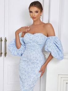 一字肩泡泡袖後背開衩花卉圖案提花洋裝 - 淺藍色 - 查看 7