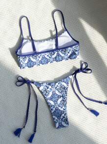 Bộ Bikini Nữ mép Thắt nút Bộ lạc - Xanh và trắng - Xem 2