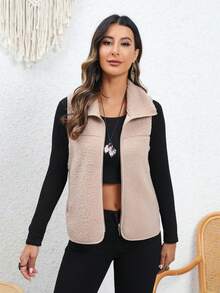 RELISH NOLESS 女士纯色前拉链无袖仿皮草大衣 - 駝色 - 查看 5