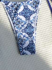 Bộ Bikini Nữ mép Thắt nút Bộ lạc - Xanh và trắng - Xem 4
