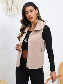 RELISH NOLESS 女士纯色前拉链无袖仿皮草大衣 - 駝色 - 查看 6