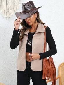 RELISH NOLESS 女士纯色前拉链无袖仿皮草大衣 - 駝色 - 查看 8