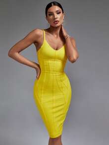 Vestido ajustado de tirantes unicolor - Amarillo - Ver 3