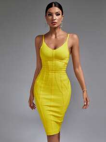 Vestido ajustado de tirantes unicolor - Amarillo - Ver 5