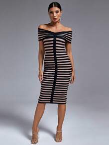 Striped Off Shoulder Bodycon Dress - Multicolor - View 1