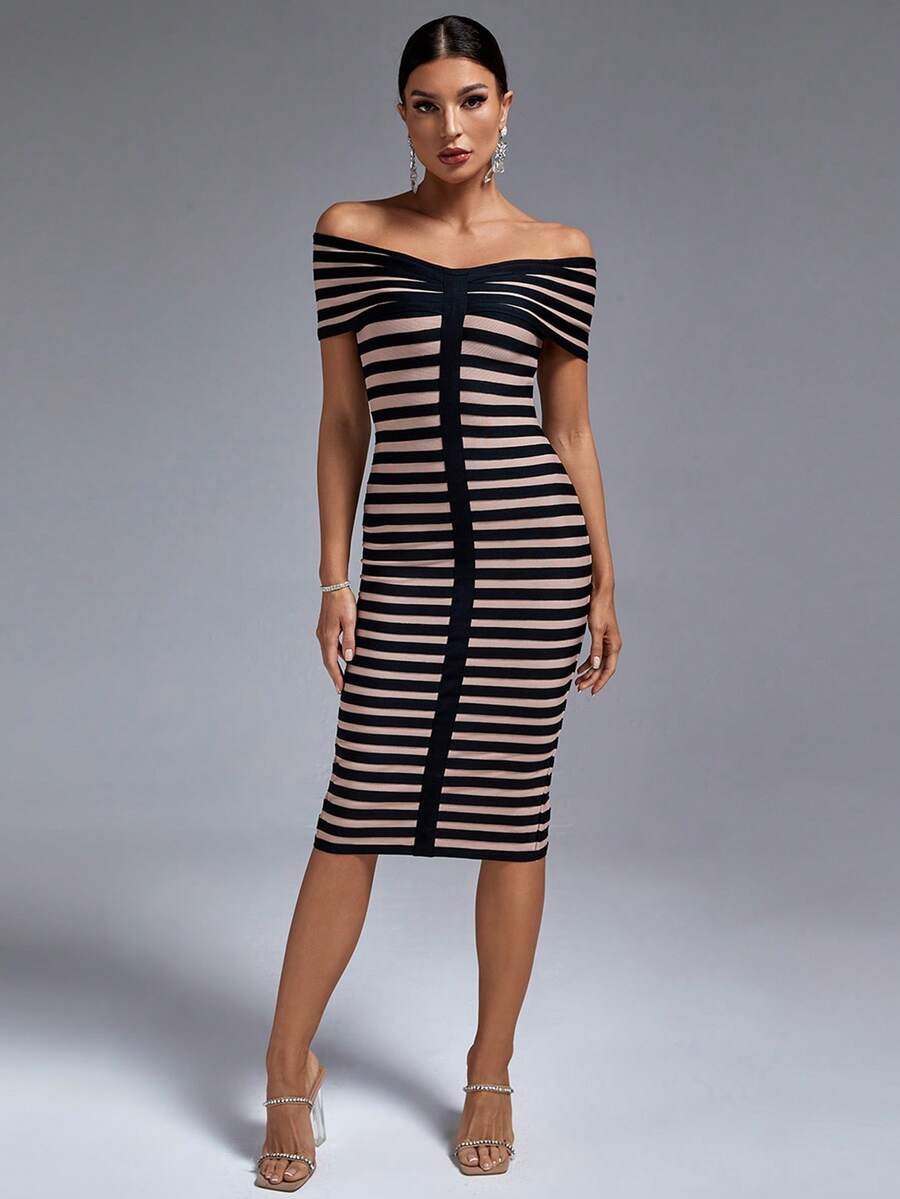 Striped Off Shoulder Bodycon Dress - Multicolor - View 1