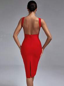 素色後背開衩緊身連衣裙 - 紅色 - 查看 2