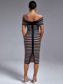 Striped Off Shoulder Bodycon Dress - Multicolor - View 2
