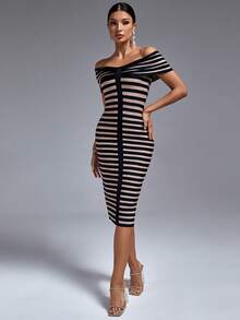 Striped Off Shoulder Bodycon Dress - Multicolor - View 3