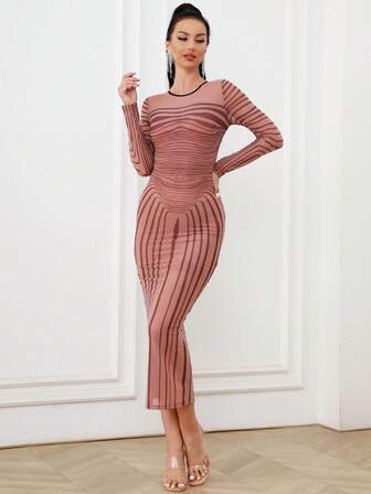 Striped Print Ruched Bodycon Dress