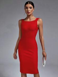 素色後背開衩緊身連衣裙 - 紅色 - 查看 4