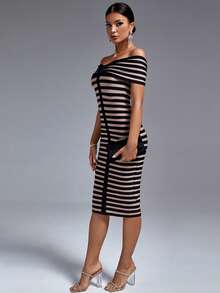 Striped Off Shoulder Bodycon Dress - Multicolor - View 4