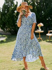 Simplee Plus Allover Floral Print Knot Side Wrap Dress - Multicolor - View 1