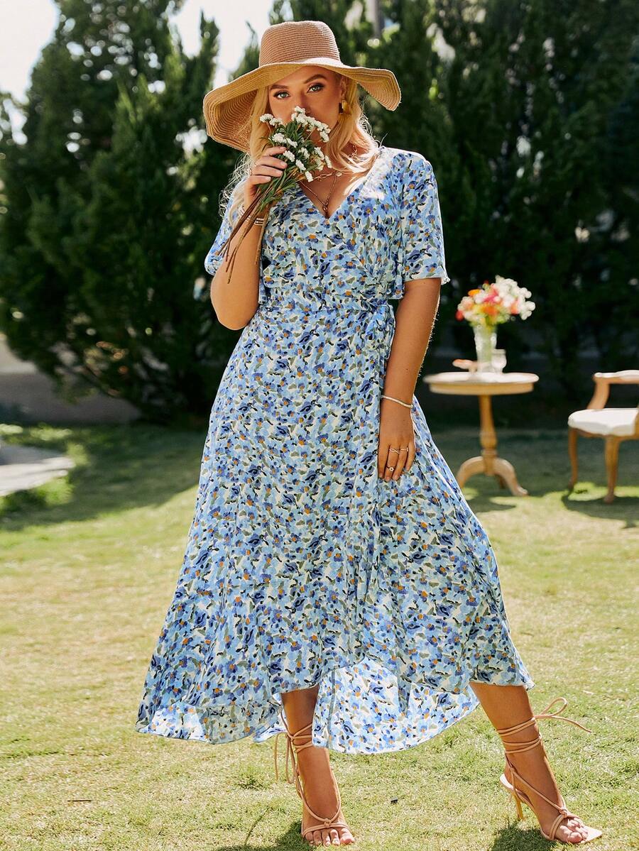 Simplee Plus Allover Floral Print Knot Side Wrap Dress - Multicolor - View 1