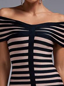 Striped Off Shoulder Bodycon Dress - Multicolor - View 5