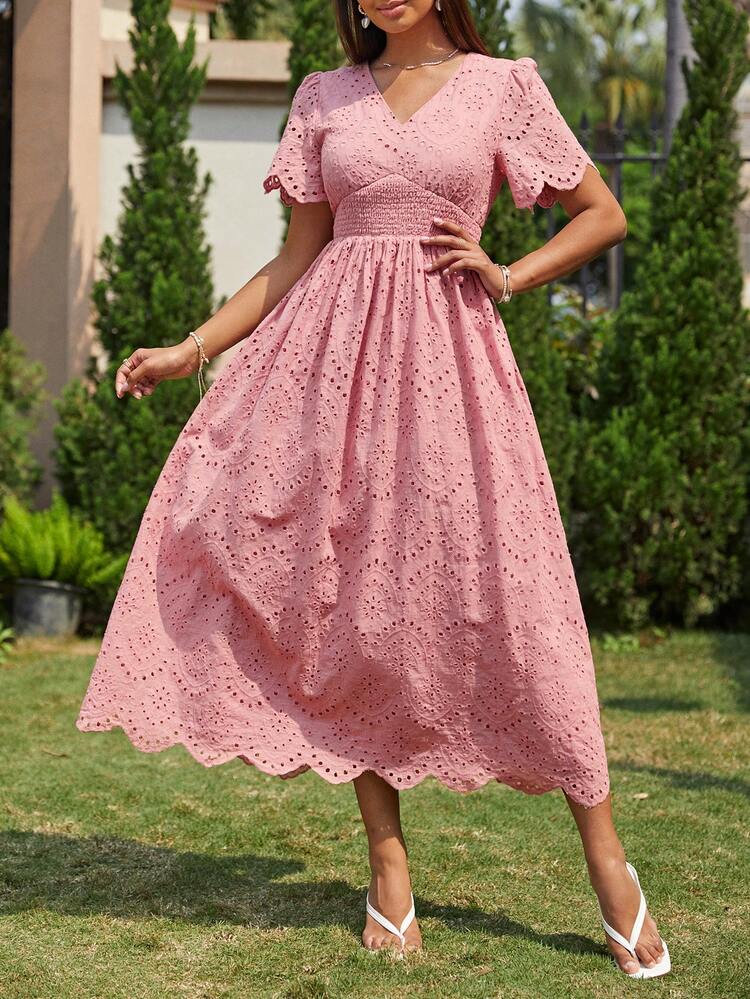 Simplee Vestido con bordado con ojal de manga farol - Rosa - Añade 6