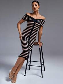 Striped Off Shoulder Bodycon Dress - Multicolor - View 6