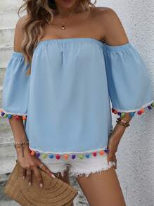SHEIN VCAY Off Shoulder Pom Pom Trim Blouse - Blue - View 1