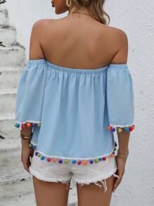 SHEIN VCAY Off Shoulder Pom Pom Trim Blouse - Blue - View 2