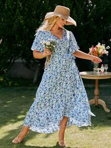 Simplee Plus Allover Floral Print Knot Side Wrap Dress - Multicolor - View 6