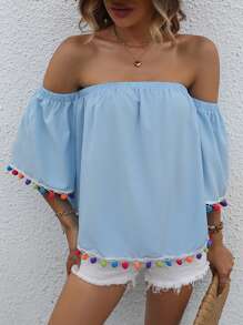 SHEIN VCAY Off Shoulder Pom Pom Trim Blouse - Blue - View 5