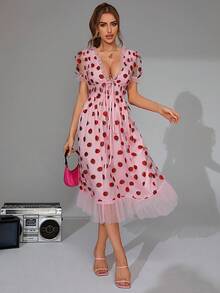 Strawberry Print Plunge Neck Ruffle Hem Mesh Overlay Dress - Baby Pink - View 3