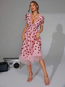 Strawberry Print Plunge Neck Ruffle Hem Mesh Overlay Dress - Baby Pink - View 5