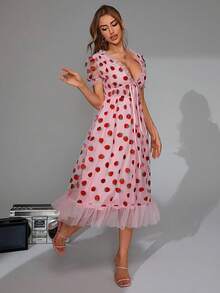 Strawberry Print Plunge Neck Ruffle Hem Mesh Overlay Dress - Baby Pink - View 6