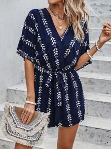 SHEIN VCAY Allover Print Batwing Sleeve Belted Romper - Navy Blue - View 4