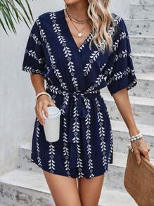 SHEIN VCAY Allover Print Batwing Sleeve Belted Romper - Navy Blue - View 5